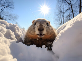 Obraz premium Groundhog Crawl Out on a Sunny Day