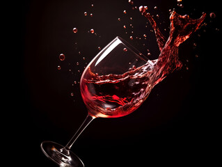 red wine splashes out and glasses on a dark background