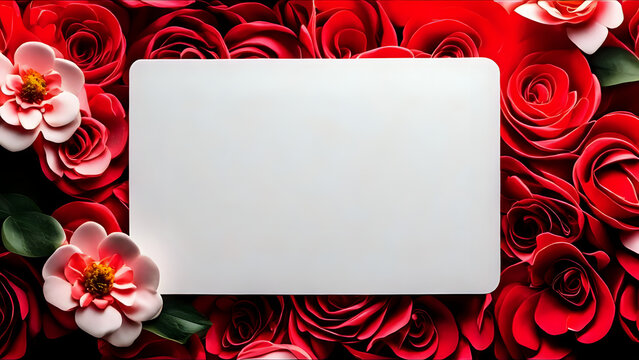 Blank white business card mockup with red flowers background generative ai