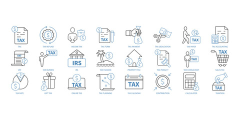 Tax icons set. Set of editable stroke icons.Vector set of Tax