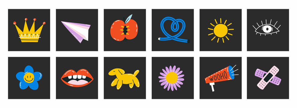 Naive playful abstract shapes sticker pack. Groovy circle oval rectangle arch eyes typography in trendy retro 90s cartoon style. Stock illustration with wavy geometric elements. Brutalism aesthetic.