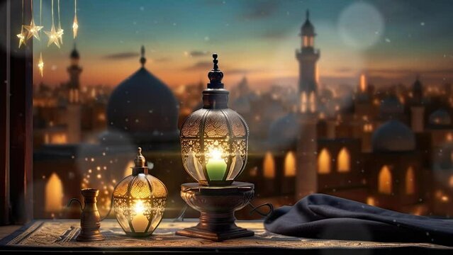 ramadan decoration with arabic lantern and candle in the night. seamless looping time-lapse virtual 4k video animation background.