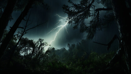 Recreation of thunder in a storm in the forest - obrazy, fototapety, plakaty