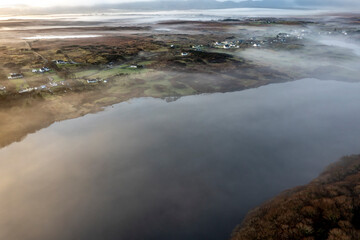 Aerial view of Lough fad in the morning fog, County Donegal, Republic of Ireland