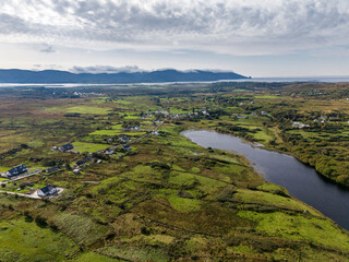 Aerial view of Lough fad in the morning fog, County Donegal, Republic of Ireland