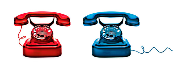 Rotes und Blaues Telefon feigestellt auf weißem Hintergrund