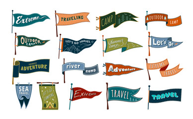 Travel pennants. Summer camp, let go travel and camping flags. Adventure and traveling banners vector set