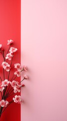 Happy Valentines Day!  Bouquet of cherry flowers in front of red and pink wall - valentines day themed background perfect for smartphone or instastory