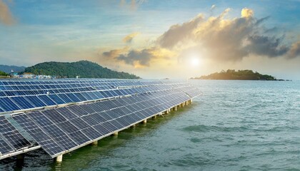 solar panels on sea, green energy concept for sustainable development and electricity production