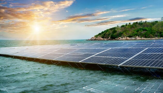 solar panels on sea, green energy concept for sustainable development and electricity production