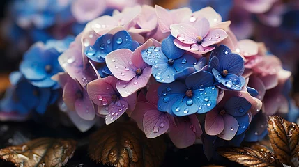 Zelfklevend Fotobehang a blue hydrangea in full bloom with morning dew. generative AI © yj