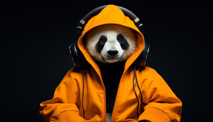 Panda in an orange jacket and headphones on a black background