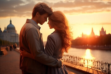 Silhouette of young couple, standing in the sunset on the bank of the river, romantic picture