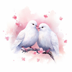 Valentine's day white pigeons watercolor illustation style on white background