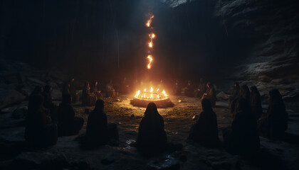 Recreation of people with tunics and hoods sit down around a fire
