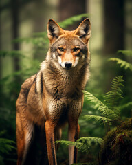 Naklejka na ściany i meble Rotwolf in einem nordamerikanischen Wald