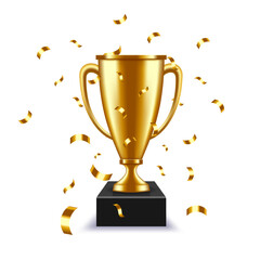 Golden cup. Tournament award, gold trophy with falling confetti. Competition winner reward vector illustration