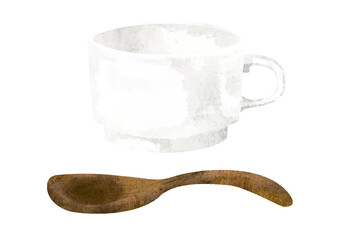 水彩で描いた空の白いスープカップと木のスプーン