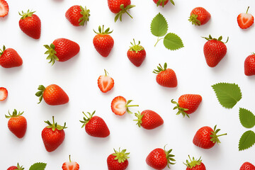 Ripe strawberries isolated on a white background, berries pattern, top view