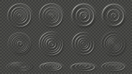 Water ripples. Transparent ripple waves, raindrop circles overlays isolated effect vector illustration set