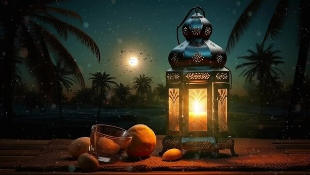ramadan decoration with arabic lantern and candle in the night. seamless looping time-lapse virtual 4k video animation background.