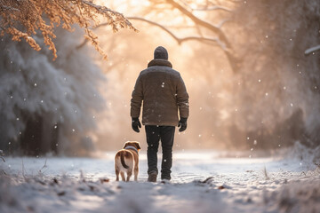 Back view of a man with a dog walking in beautiful winter forest - Powered by Adobe