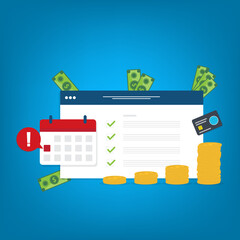 Money payment date schedule or agenda in calendar. Tasks list and cash schedule alert notification, idea of tax or credit loan pay time, budget or financial plan. 