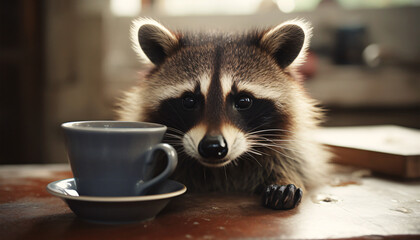 A raccoon with a cup of coffee sitting at the table, funny mourning concept - obrazy, fototapety, plakaty