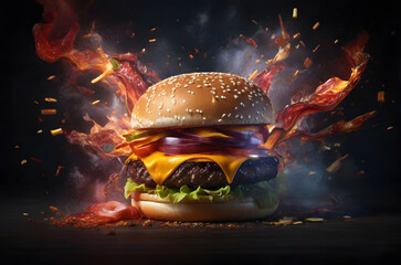 hamburger bursting with flavor ai generated background