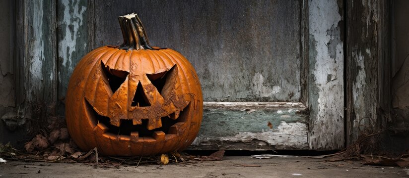 Decayed Halloween pumpkin with face left on doorstep.