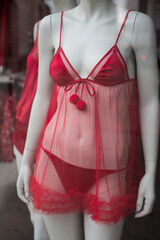 Closeup of red nighty on mannequin in a fashion store showroom