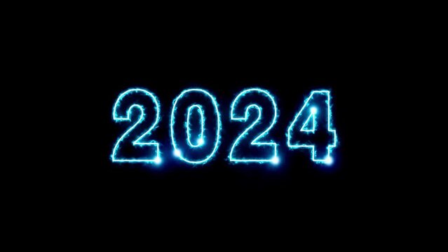 Happy New year and christmas 2024. The inscription 2024 is lit with bright neon light and shimmers. 4K background.