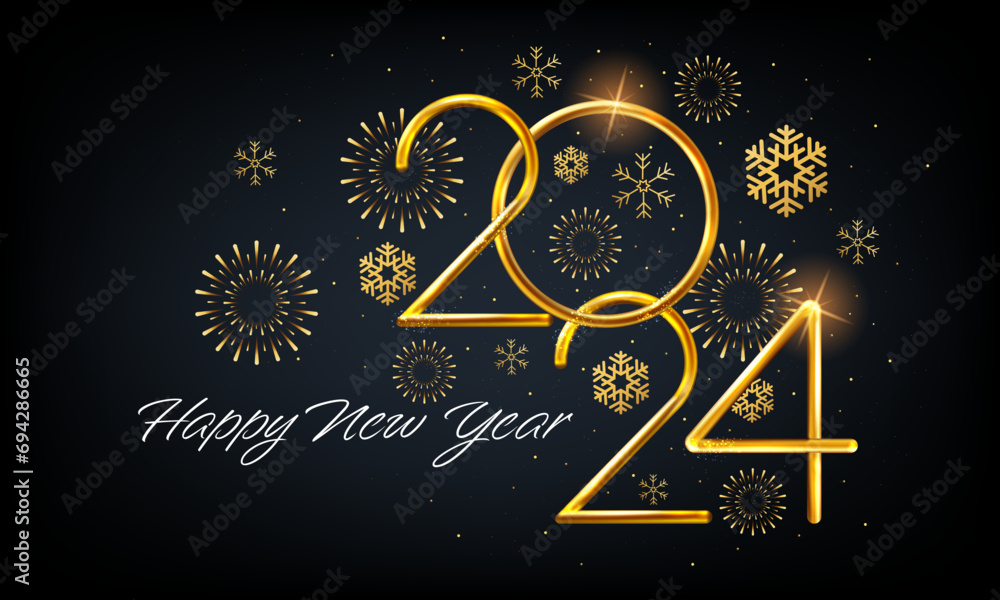 Wall mural Happy New Year 2024 Golden metal number on dark background. Festive realistic decoration. Web Poster, banner, cover card, brochure, flyer, layout. Vector 3d illustration