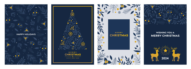 Set of Christmas and Happy New Year Floral Card templates. Christmas cards design with ornaments of branches, berries and leaves. Vector Illustration