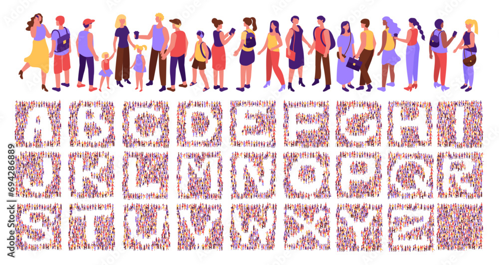 Fototapete crowd font. social typography with isometric top view citizens. community of people with alphabet le