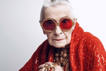 Fashionable old woman red in photo studio. Cool lady nature female. Generate Ai