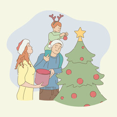A cheerful family decorates a Christmas tree for New Year,Christmas. vector illustration. Family tradition. Mom, dad, child. Printing on posters, advertisements, pictures. Flat illustration, backgroud