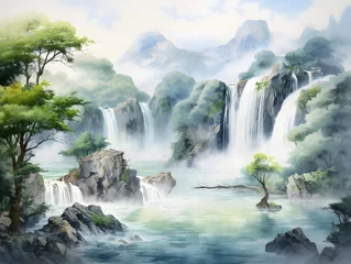 Schilderijen op glas Ancient Chinese Landscape Watercolor Art Painting AI Artwork © boscorelli