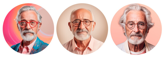 A collection of portraits of diverse elderly men with beards. A set of round portraits of modern old men for userpics and avatars. - obrazy, fototapety, plakaty