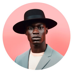 Portrait of a young dark-skinned African man. Full face of an African-American man in a black hat in a circle for userpic and profile picture. Isolated on transparent background.