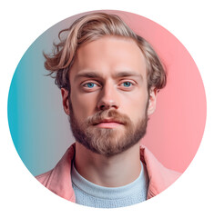 Portrait of a young man with a beard. Full face of a modern man with blue eyes and blond hair in a pastel pink circle for userpic and profile picture. Isolated on transparent background.
