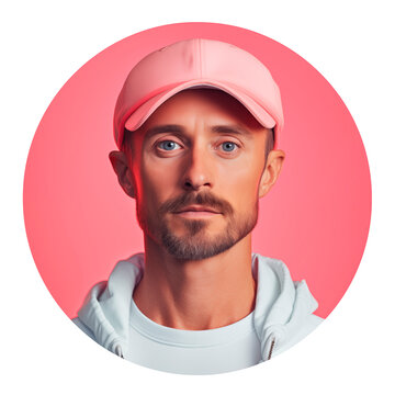 Portrait of a young man with a beard. Full face of a man in a cap in a pastel pink circle for userpic and profile picture. Isolated on transparent background.