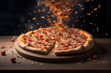 pizza bursting in explosion ai generated background