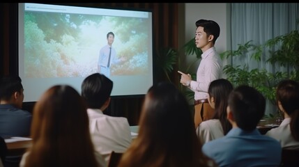 Asian students presenting in front of a projector screen