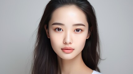 Beautiful Asian girl with clean, fresh skin on white background. Facial care