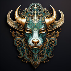Taurus, head of bull, in the style of cosmic symbolism, dark gold and teal, detailed facial features, mirrored, dark and intricate, celestial, velvia, black background, sticker design, emblem