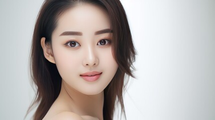 Naklejka premium Beautiful Asian girl with clean, fresh skin on white background. Facial care
