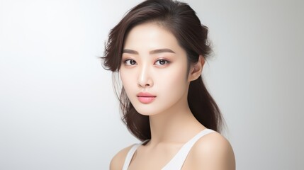 Naklejka premium Beautiful Asian girl with clean, fresh skin on white background. Facial care