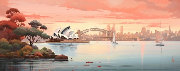 Ilustration of Sydney cityscape lake sailboats Sydney Opera, Australia. Generative ai