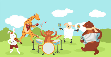 Obraz na płótnie Canvas Cartoon forest animals concert. Cute zoo musicians play music with musical instruments, wild jazz band and wildlife characters musical performance vector illustration